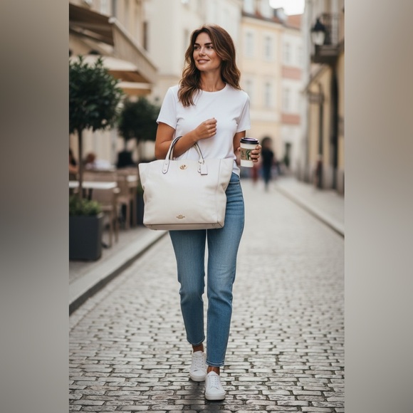 Coach 2017 Pebble Leather Town Tote in the color Chalk EUC - Picture 3 of 17